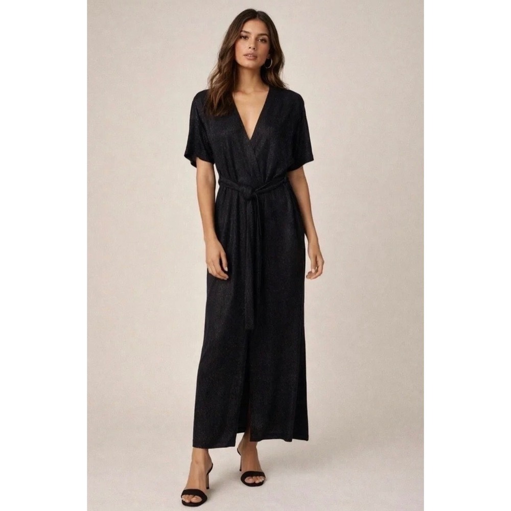 FRNCH Alex Black Metallic Shimmer Jumpsuit Tie Waist Faux Wrap V-Neck Size M